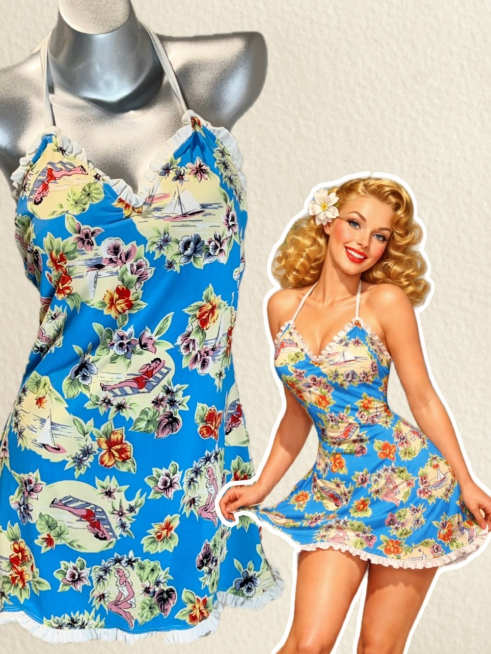Betty Page pinup bathing suit skirted swim dress Hawaiian girls Palm trees retro
